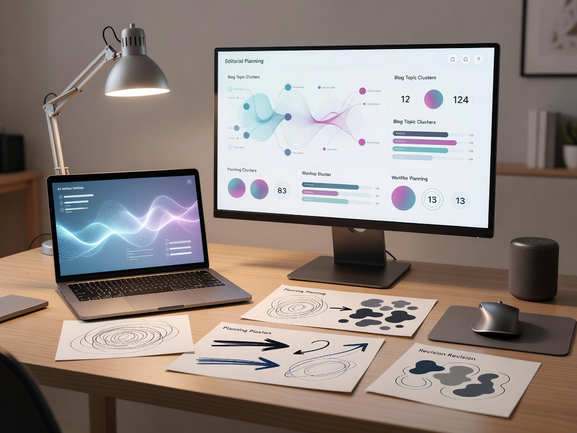 Desk with AI blog writing workflow notes and editorial planning screen